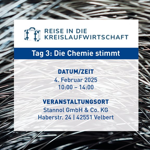 Auf dem Bild sind die Daten für die Reise in die Kreislaufwirtschaft zu sehen. Tag  3, Die Chemie stimmt, Datum/Zeit 4. Februar 2025, 10.00 bis 14.00 Uhr, Veranstaltungsort Stannol Gmbh & Co. KG Haberstraße 24, 42551 Velbert, Im Hintergrund sind aufgerollte Lötdrähte zu sehen.