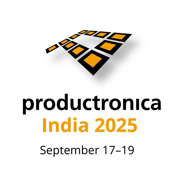 Auf dem Bild ist das gelb-schwarze Logo der  Messe zu sehen, darunter der Schriftzug Productronica India, 2025, 17-19 September.